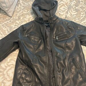 Black Faux Leather Jacket with Hood